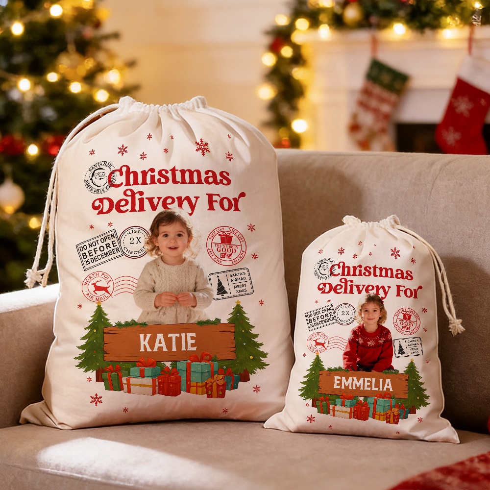 Personalized Santa Christmas Sack Special Delivery Gift Bag Custom Name Photo Christmas Bag