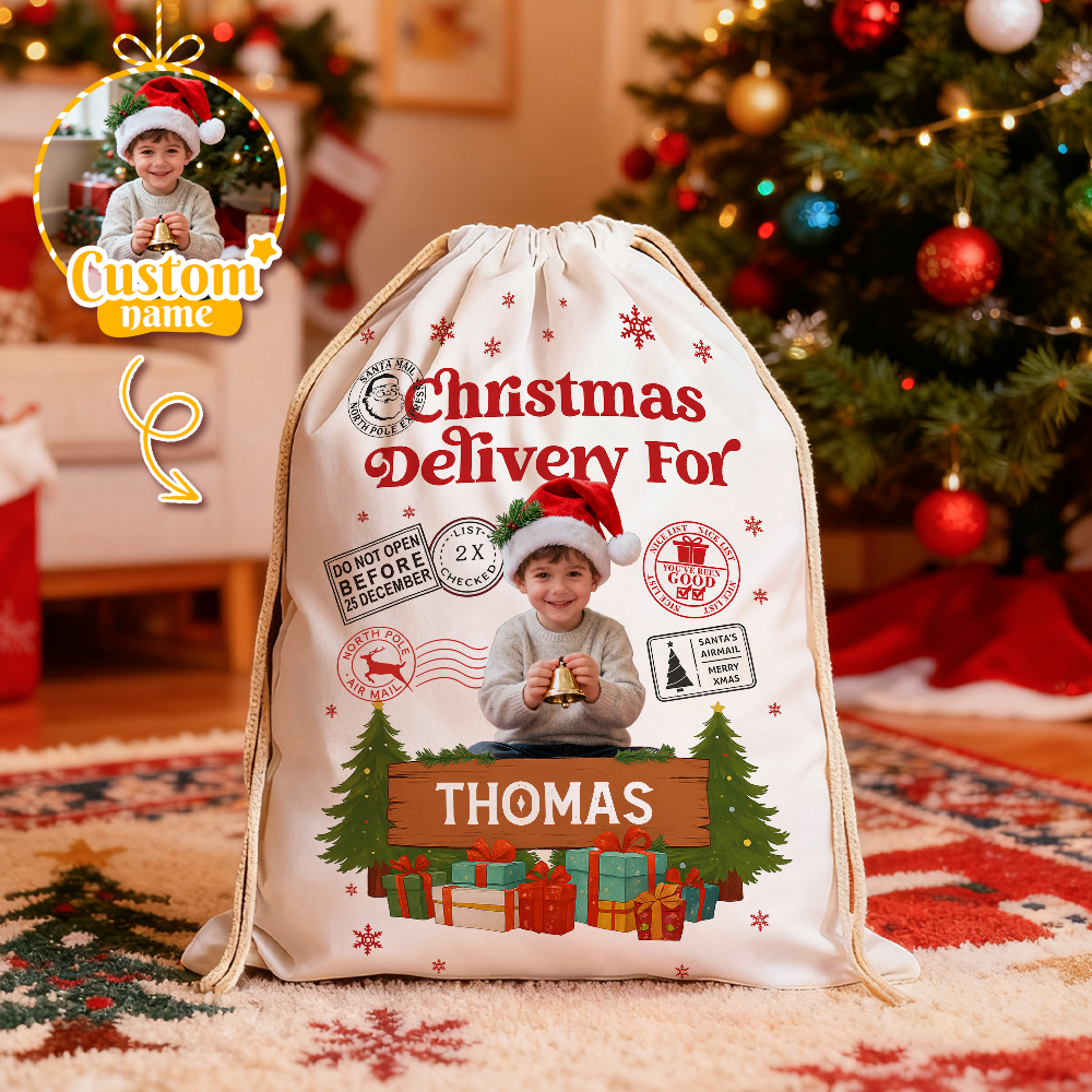 Personalized Santa Christmas Sack Special Delivery Gift Bag Custom Name Photo Christmas Bag