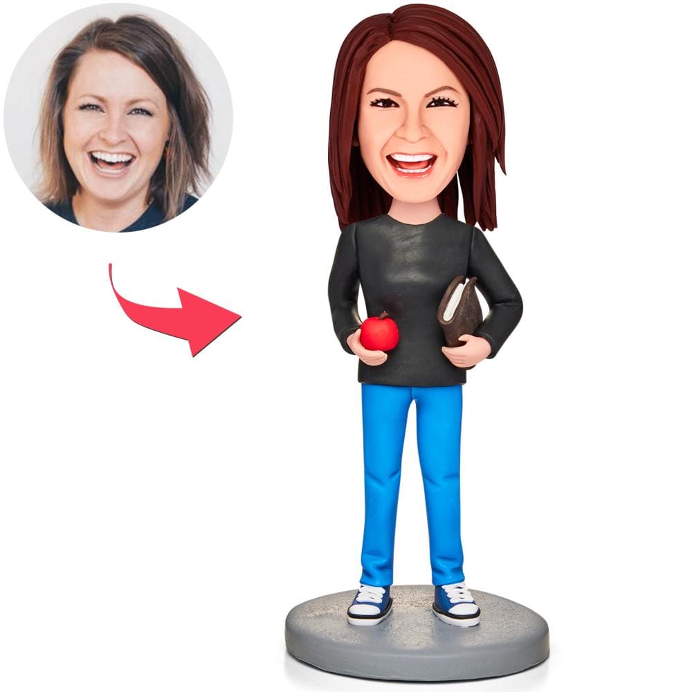 Female Teacher Holding Apple And Book Custom Bobbleheads With Engraved Text Gifts for Mom - Giftlab