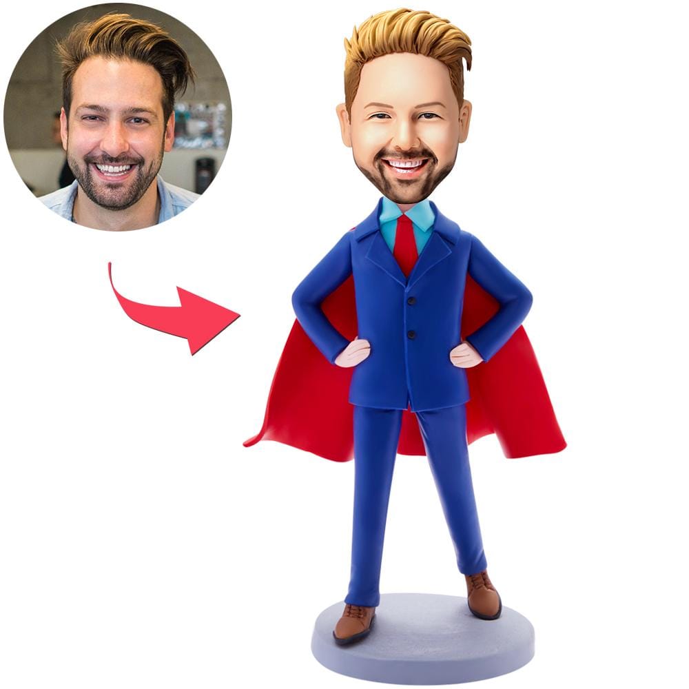 Custom Bobblehead Blue Suit Super Business Man With Engraved Text - Giftlab