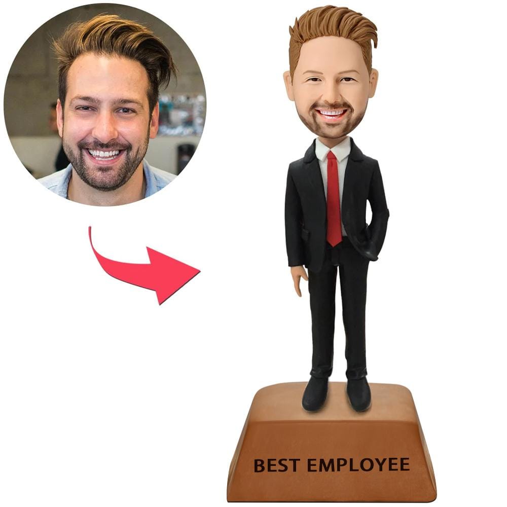 Custom Male Executive in Red Tie Best Employee Trophy Base Business Gift Bobblehead With Engraved Text - Giftlab