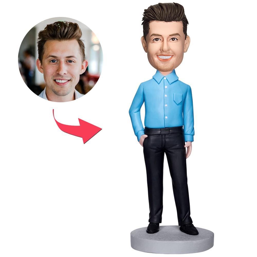 Custom Executive Man In Blue Shirt Bobblehead With Engraved Text - Giftlab