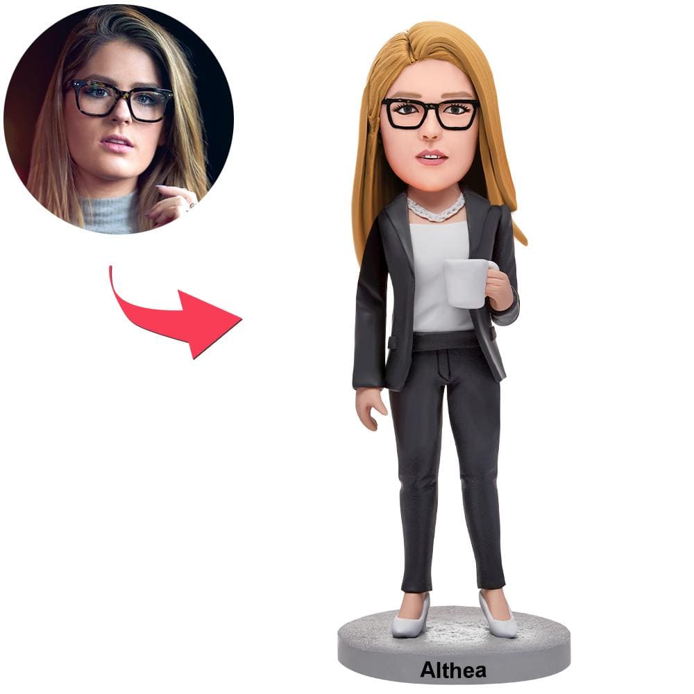 Custom Business Woman Bobbleheads Holding A Water Glass With Engraved Text - Giftlab