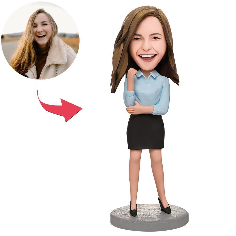 Custom Business Female Bobblehead In A Blue Shirt With Engraved Text - Giftlab