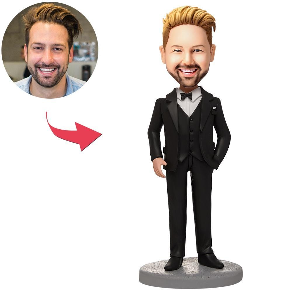 Custom Business Male Bobblehead Wearing A Black Suit With Engraved Text - Giftlab