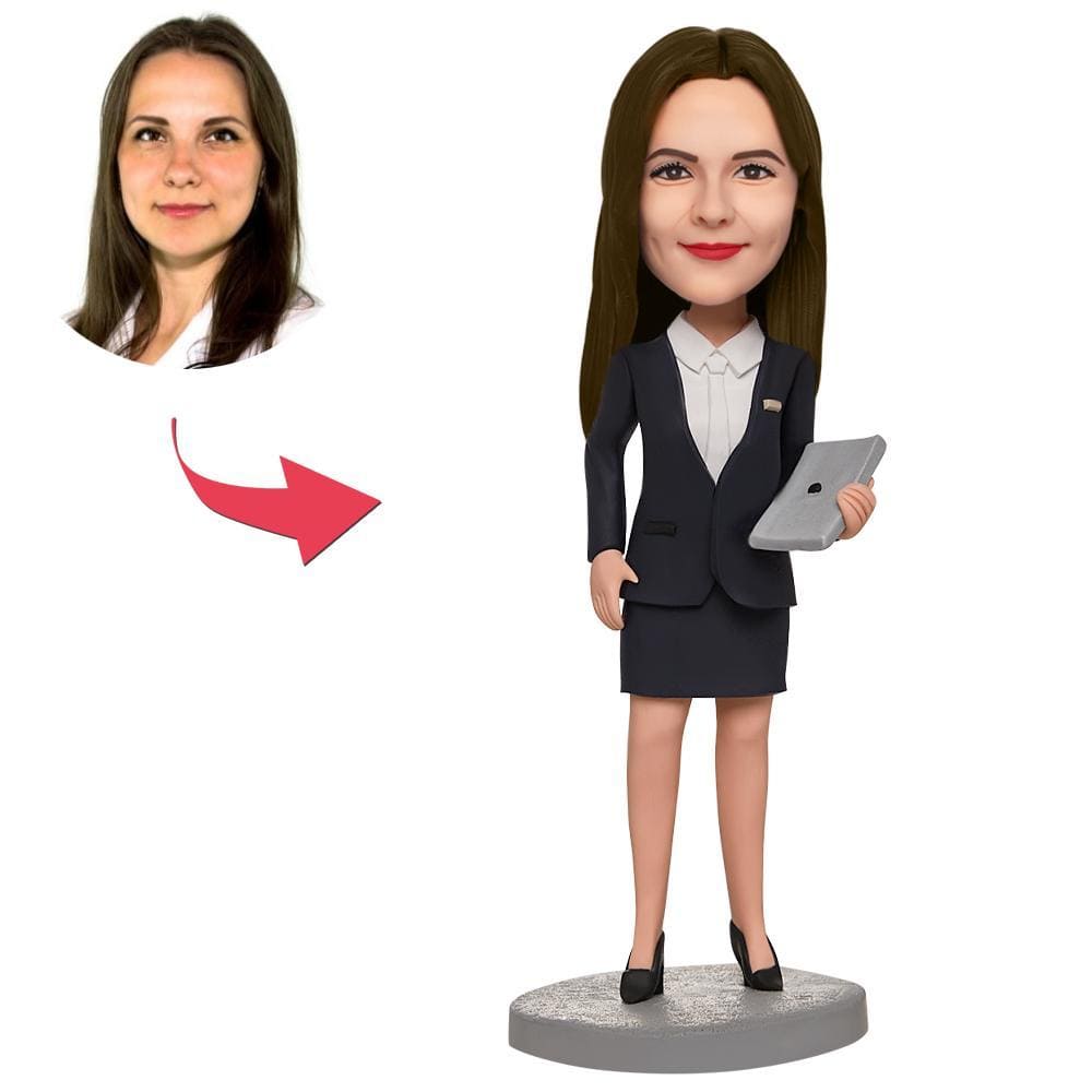 Custom Business Woman Bobblehead Holding A laptop With Engraved Text - Giftlab