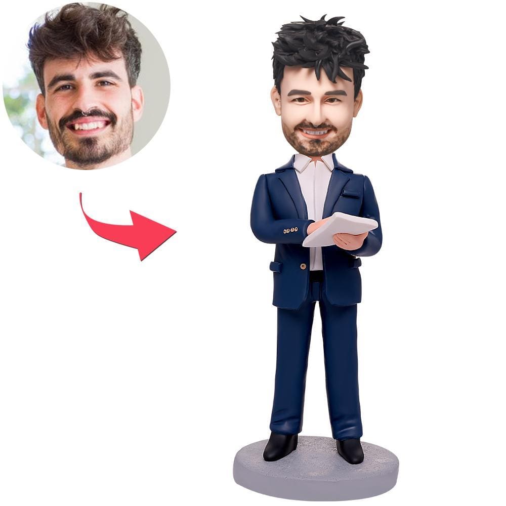 Custom Bobblehead Business Man Taking Notess With Engraved Text - Giftlab