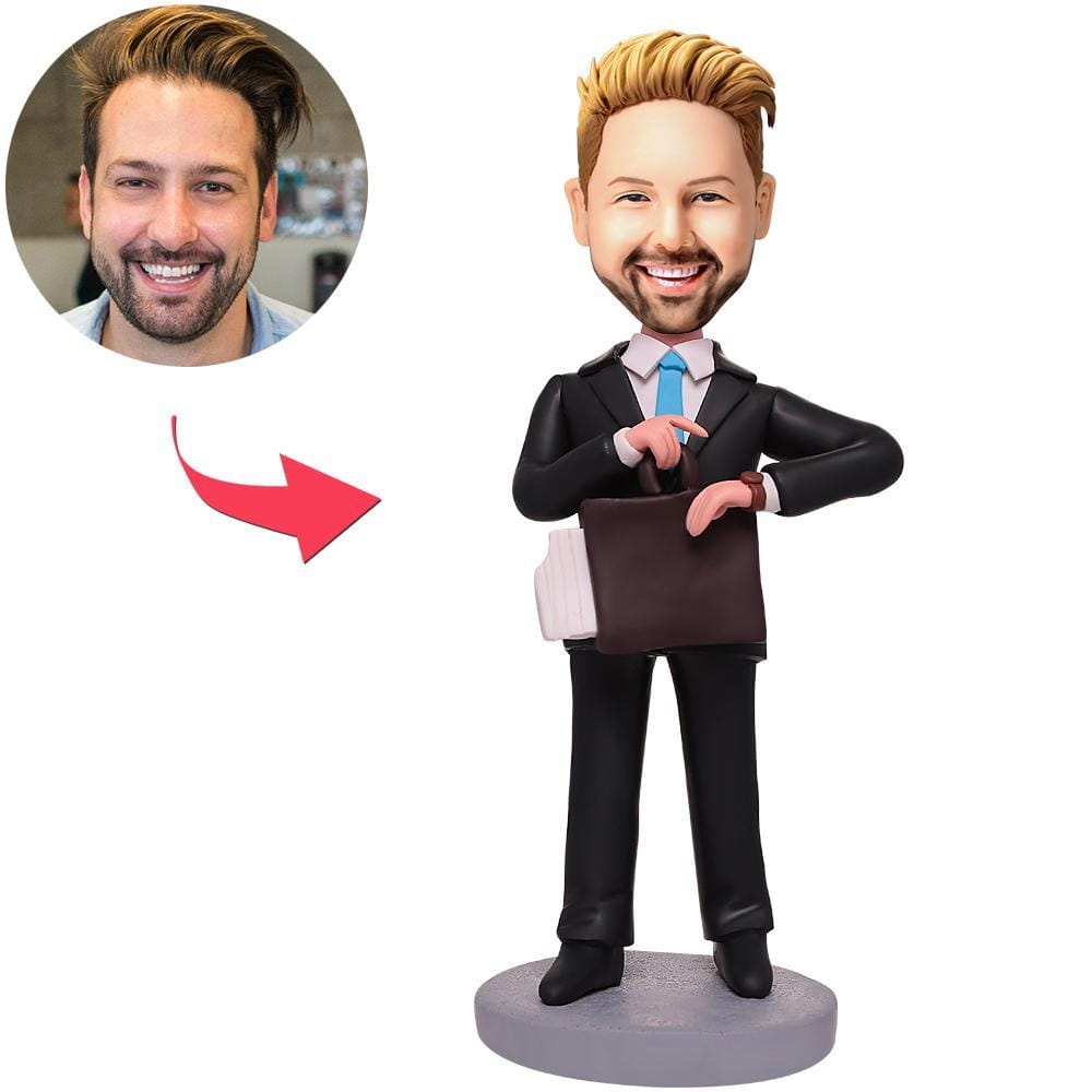 Custom Bobblehead Business Man Looking At The Times With Engraved Text - Giftlab