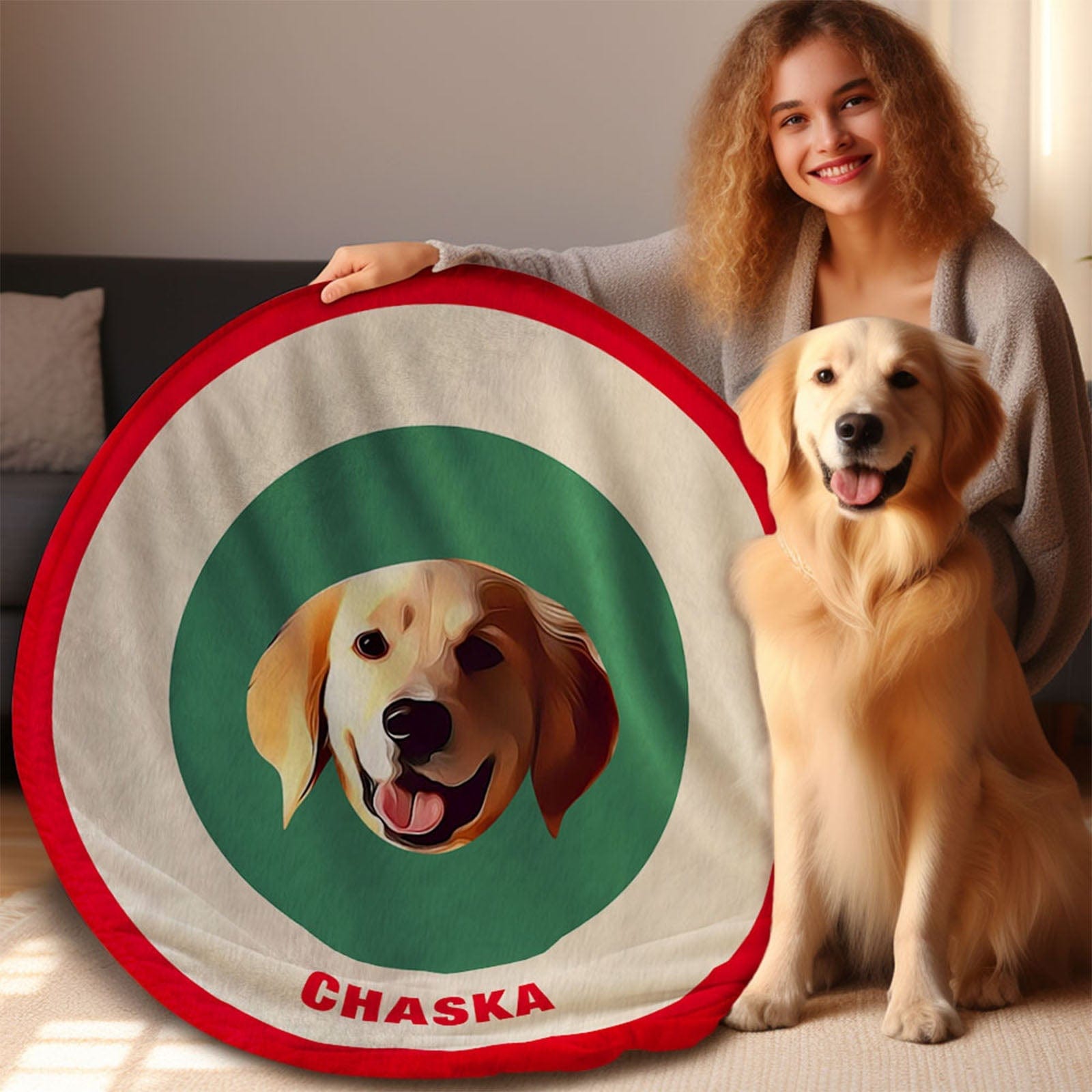 Custom Pet Face Blanket Personalized Round Blanket Gift for Pet Lover - Red & Green - Giftlab