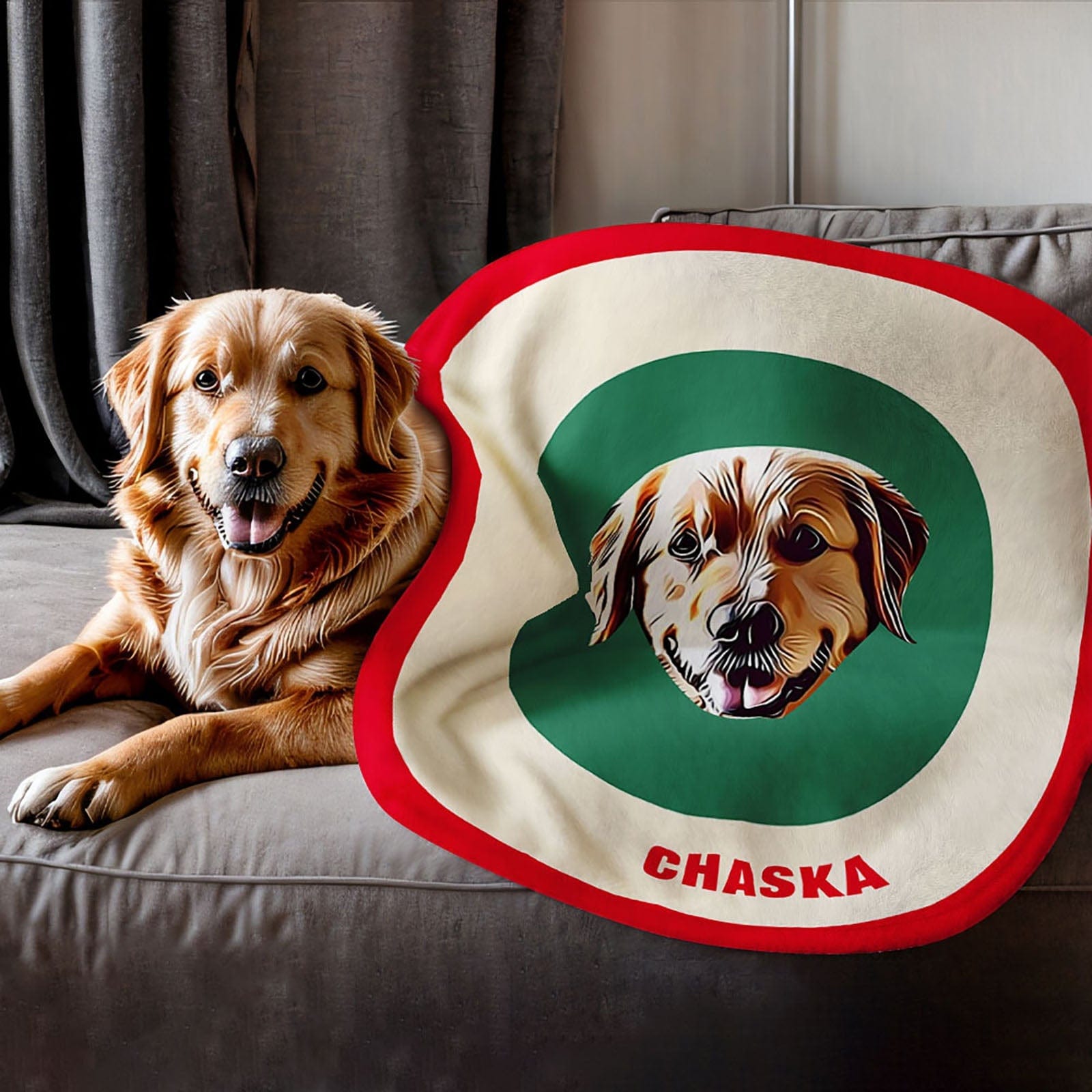 Custom Pet Face Blanket Personalized Round Blanket Gift for Pet Lover - Red & Green - Giftlab