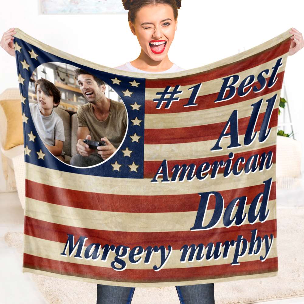 Father's Day Blankets Photo Blanket 4th Of July Gifts for Dad - Best American Dad - Giftlab