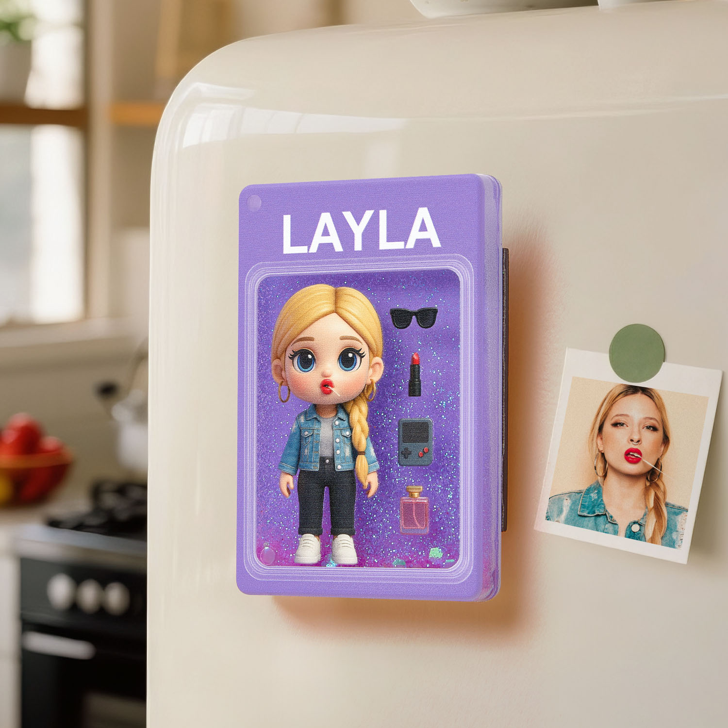 Custom Cartoon Photo Glitter Quicksand Acrylic Fridge Magnet Gift