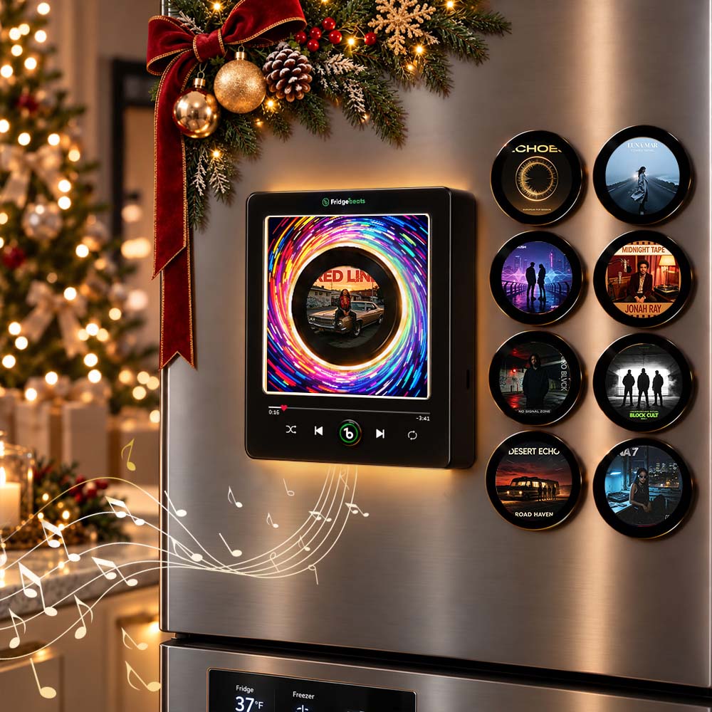 Christmas Gifts Minimalist Retro Music Decor for Urban Dwellers – LED Fridge Art Frame with Rotating Vinyl Magnet Fridgebeats V6.0 - GiftlabUS
