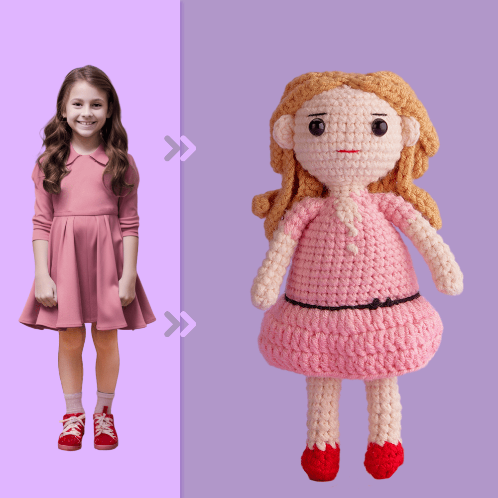 Full Body Customizable 1 Person Custom Crochet Doll Personalized Gifts Handwoven Mini Dolls - Girl in Pink Skirt - Giftlab