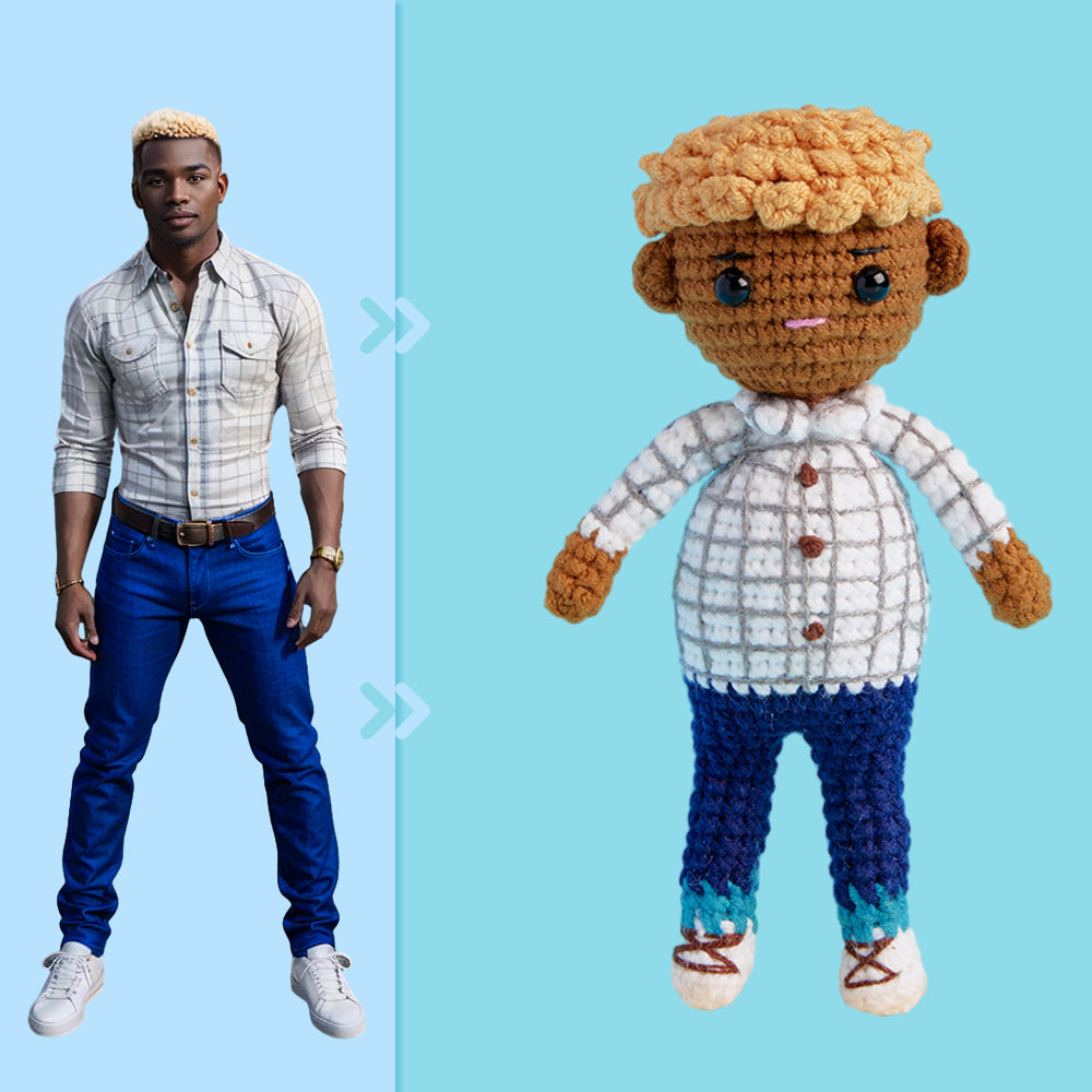 Full Body Customizable 1 Person Custom Crochet Doll Personalized Gifts Handwoven Mini Dolls - Plaid Shirt Boys - Giftlab