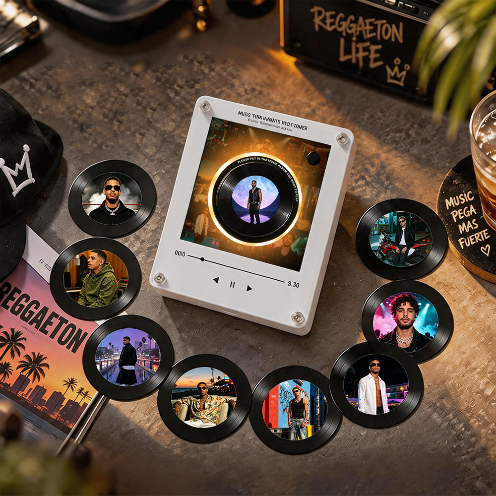 Custom Reggaeton Music Mini Vinyl Record Player with 9 Swappable Discs NFC Retro Desk Music Magnet
