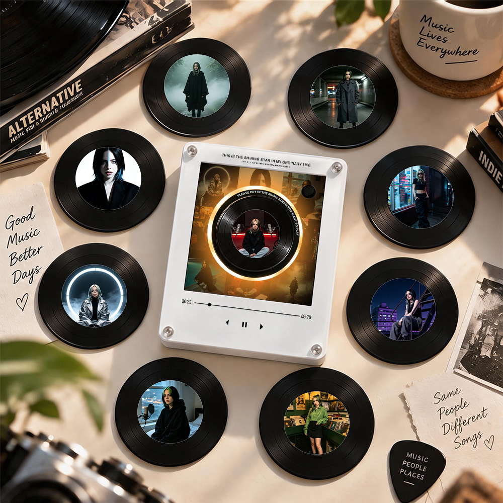 Custom Alt-Pop Music Mini Vinyl Record Player with 9 Swappable Discs NFC Retro Desk Music Magnet