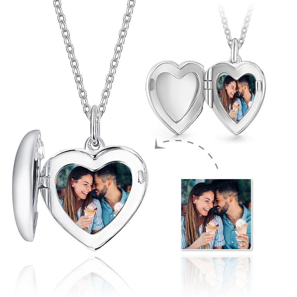 Engraved Heart Photo Locket Necklace Gifts for Mom Silver - Giftlab