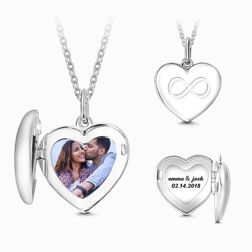 Heart Photo Locket Necklace With Engraving Name Gifts for Girlfriend Silver Inifinity