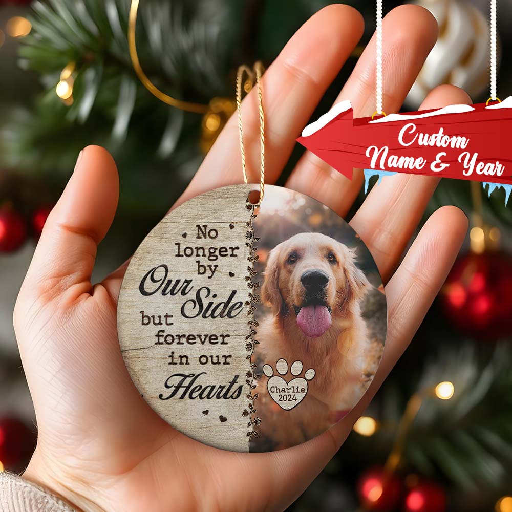 Custom Photo No Longer By Our Side - Memorial Personalized Custom Ornament - Ceramic Round Shaped - Christmas Gift, Sympathy Gift For Pet Owners, Pet Lovers