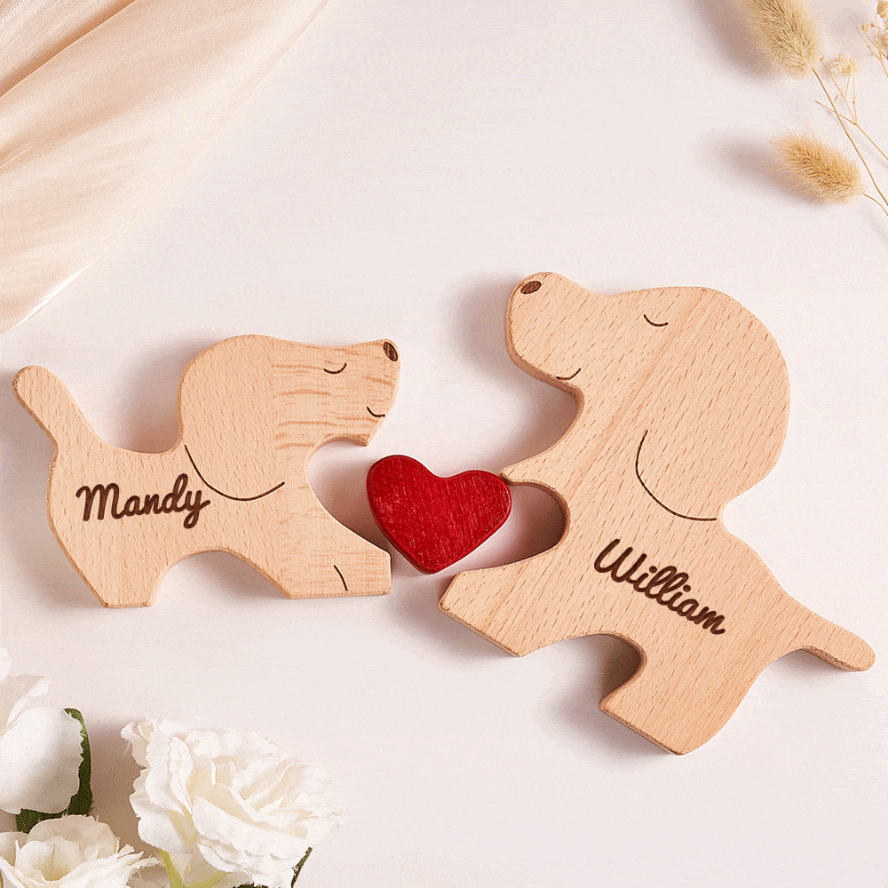 Custom Name Wooden Dog Couple Heart Blocks Valentine's Day Gifts - Giftlab
