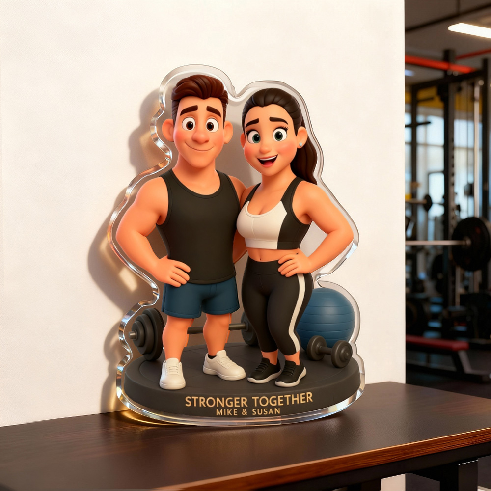Custom Couple Fitness Themed Pixar Style Portrait Desktop Figurine Acrylic Plaque 2D Look 3D Pop