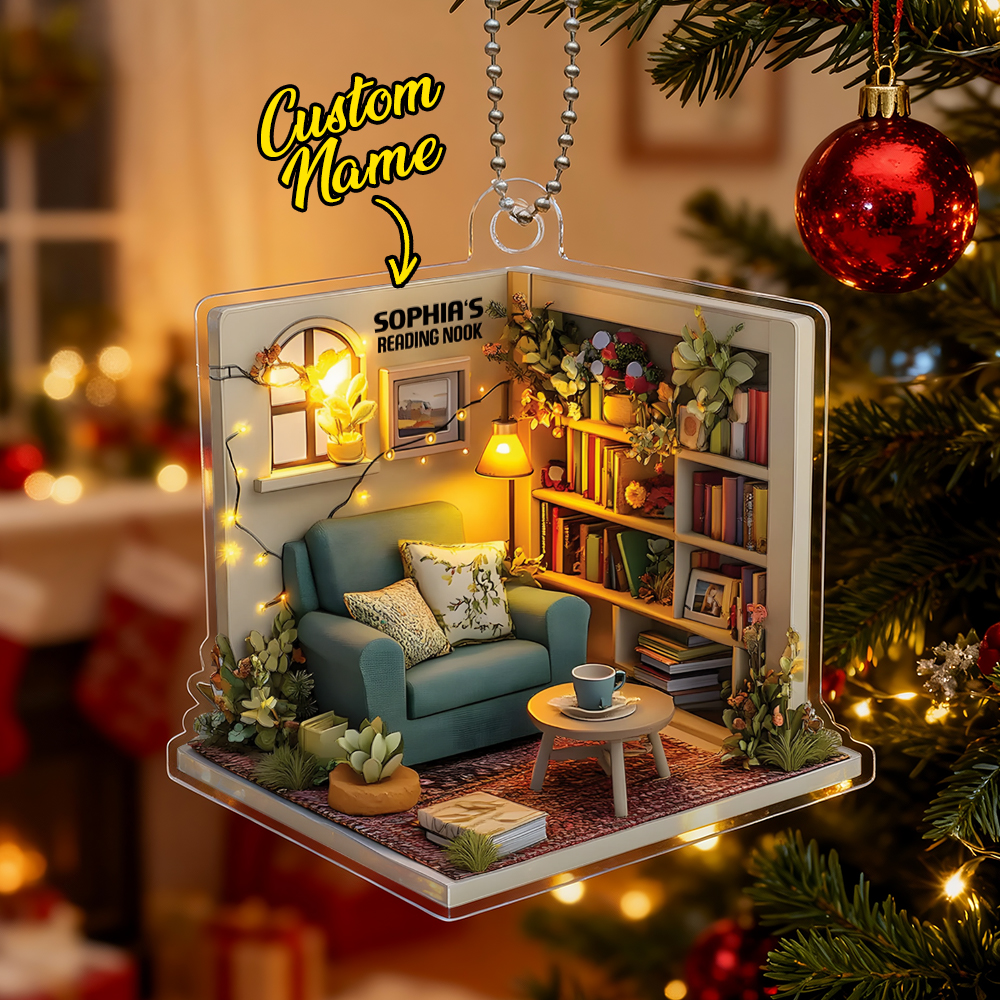 2D FLAT Dreamy Cozy Reading Nook - Personalized Reading Acrylic Ornament, Reading Room Christmas Ornament, Bookworm Gift