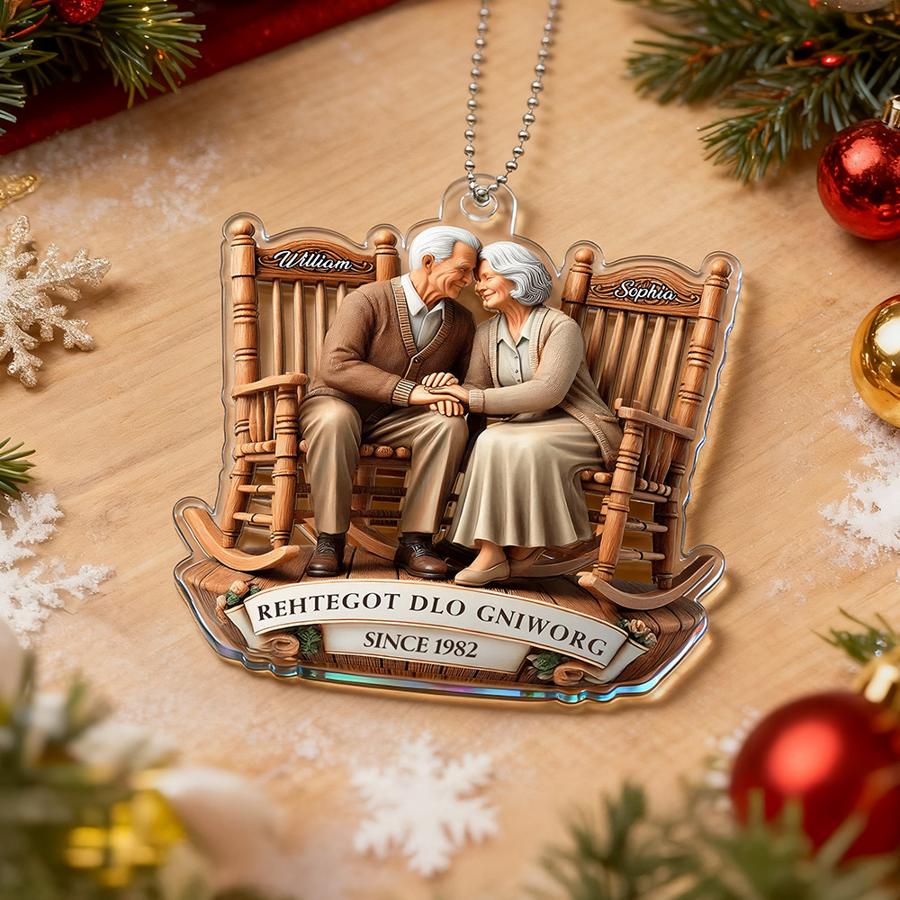 Old Couple Sitting On Rocking Chairs Together Personalized Christmas Acrylic Ornament