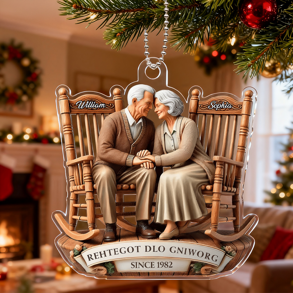 Old Couple Sitting On Rocking Chairs Together Personalized Christmas Acrylic Ornament