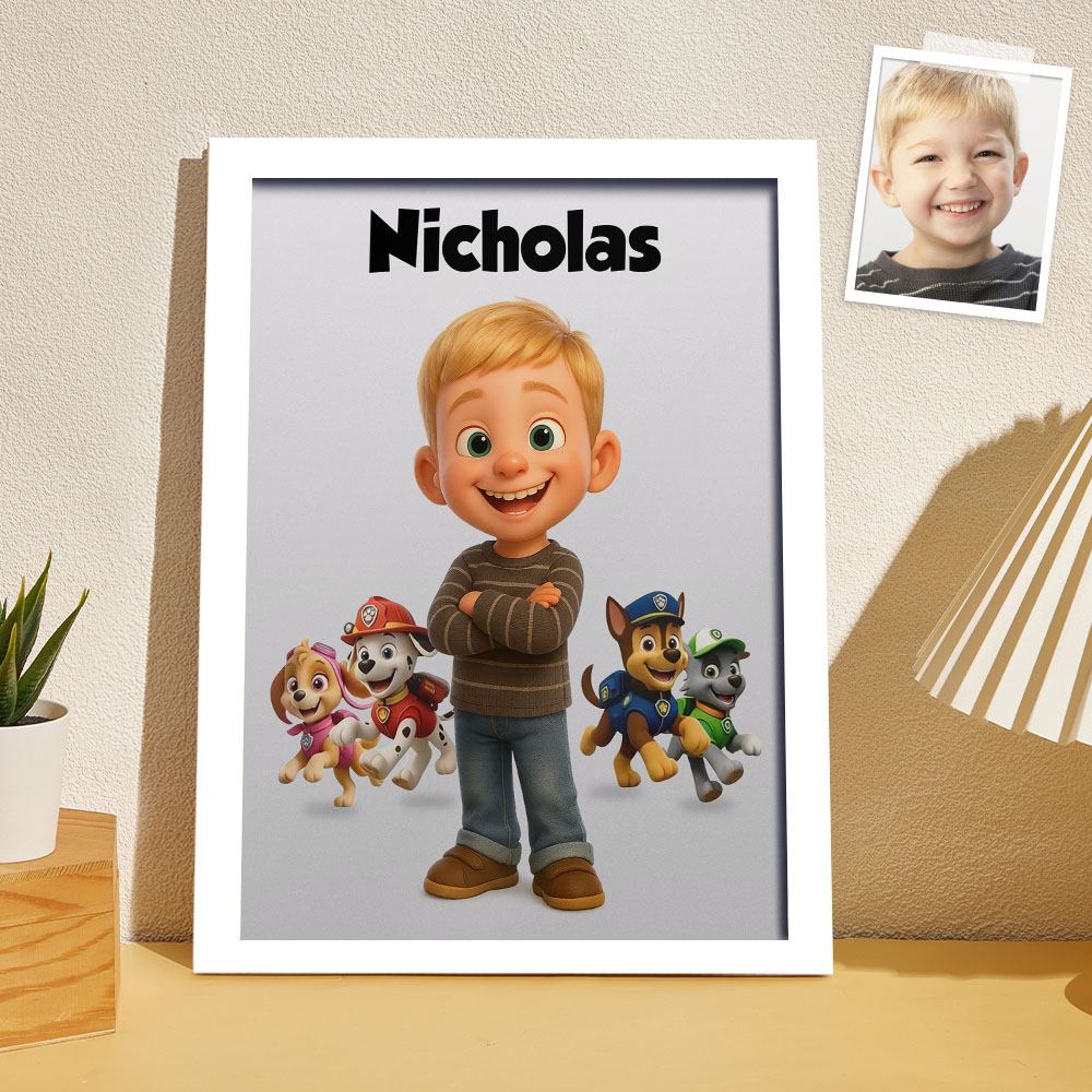 Personalized Dog Paws Cartoon Portrait: Custom Kid's Wall Art