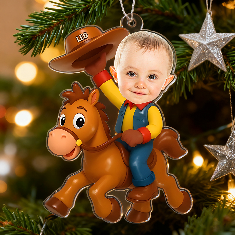Personalized Christmas Photo Acrylic Ornament - Little Cowboy Adventure Time