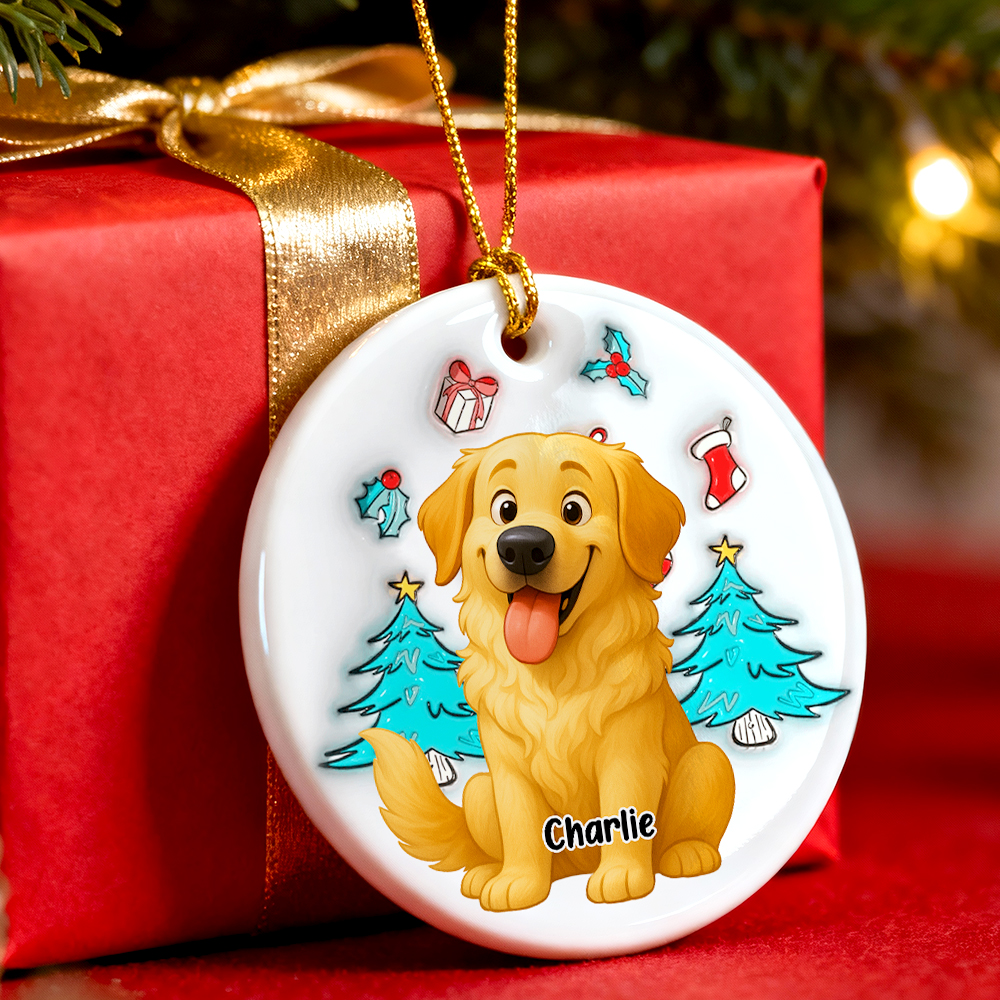 Ceramic Ornament with Custom Photo Cartoon Dog and Christmas Theme, High Clarity, Fun Gift for Pet Lovers