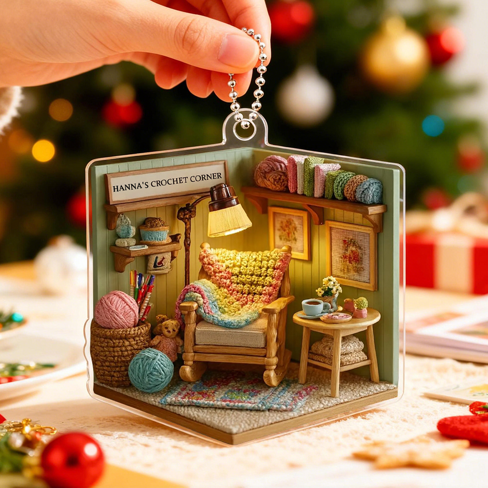 Personalized Crochet Corner Ornament – Custom 2D Flat Acrylic Christmas Decoration for Yarn Lovers