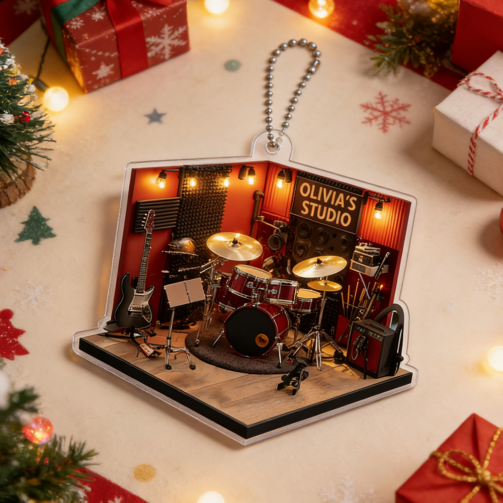 Personalized Drum Studio 2D Flat Acrylic Ornament – Custom Music Room Christmas Decoration Gift for Drummers & Musicians