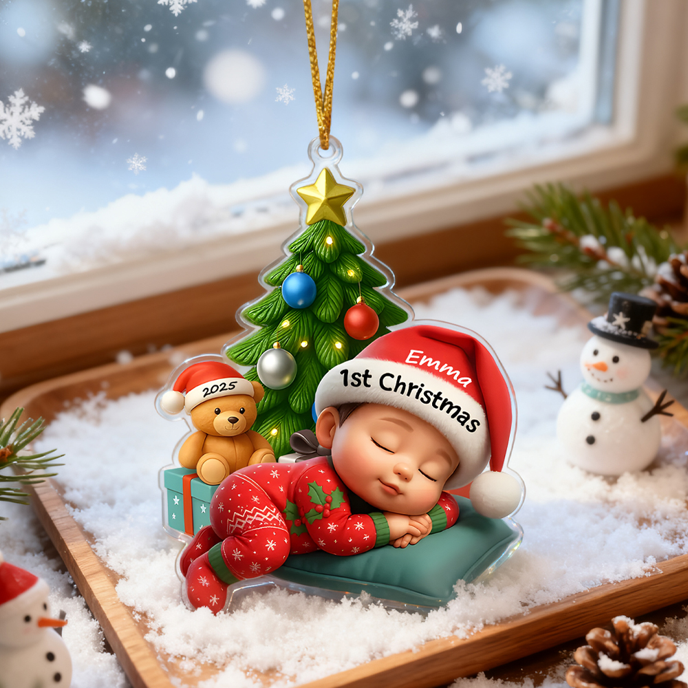 Sleeping Baby in Christmas Pajama Personalized Acrylic Ornament Baby's 1st Christmas