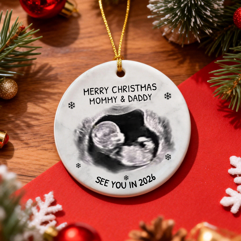Christmas Ultrasound Ceramic Ornament for Mom and Dad, baby announcement keepsake for the tree, a heartfelt holiday gift.