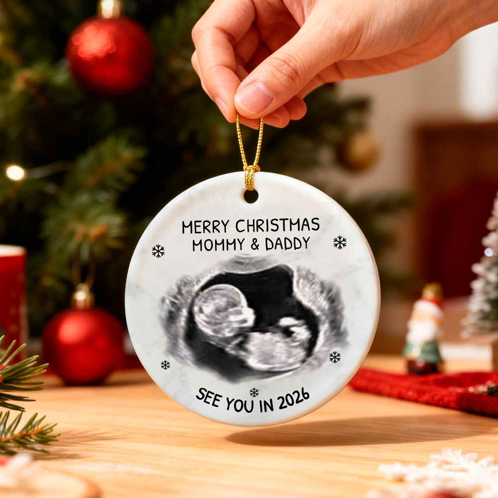 Christmas Ultrasound Ceramic Ornament for Mom and Dad, baby announcement keepsake for the tree, a heartfelt holiday gift.
