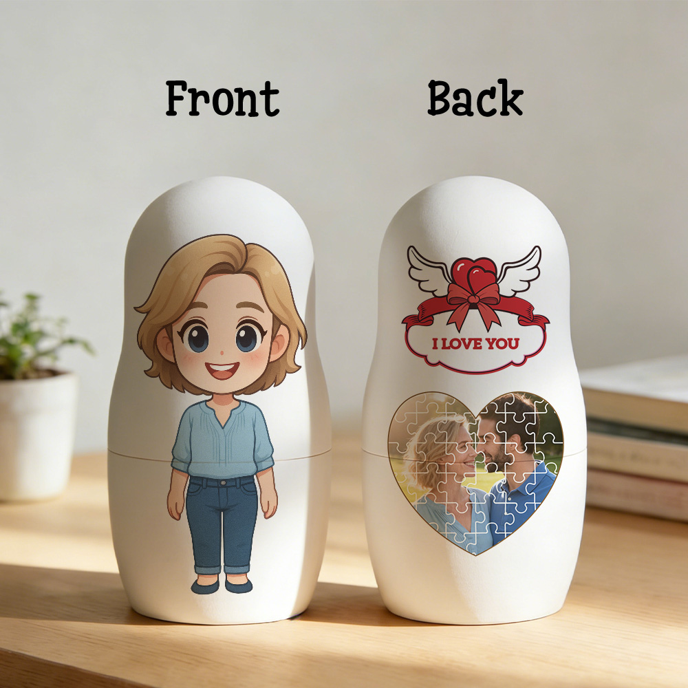 Custom Cartoon Photo Nesting Dolls Personalized Nesting Dolls with Custom Text Heart-Shaped Jigsaw Puzzle Photo Perfect Gifts for Couples - soufeeluk