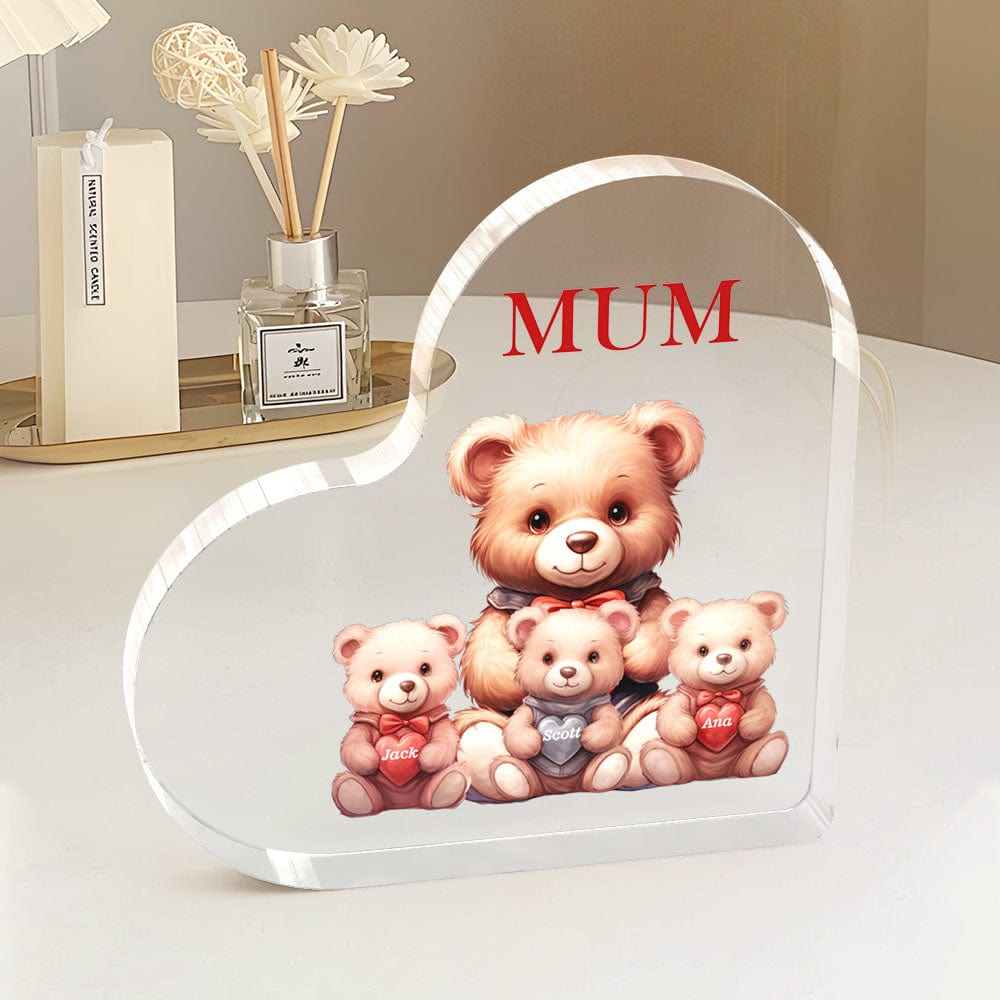 Personalized Name Heart Shaped Acrylic Plaque Keepsake Mother's Day Gifts Bear Family Together - Giftlab