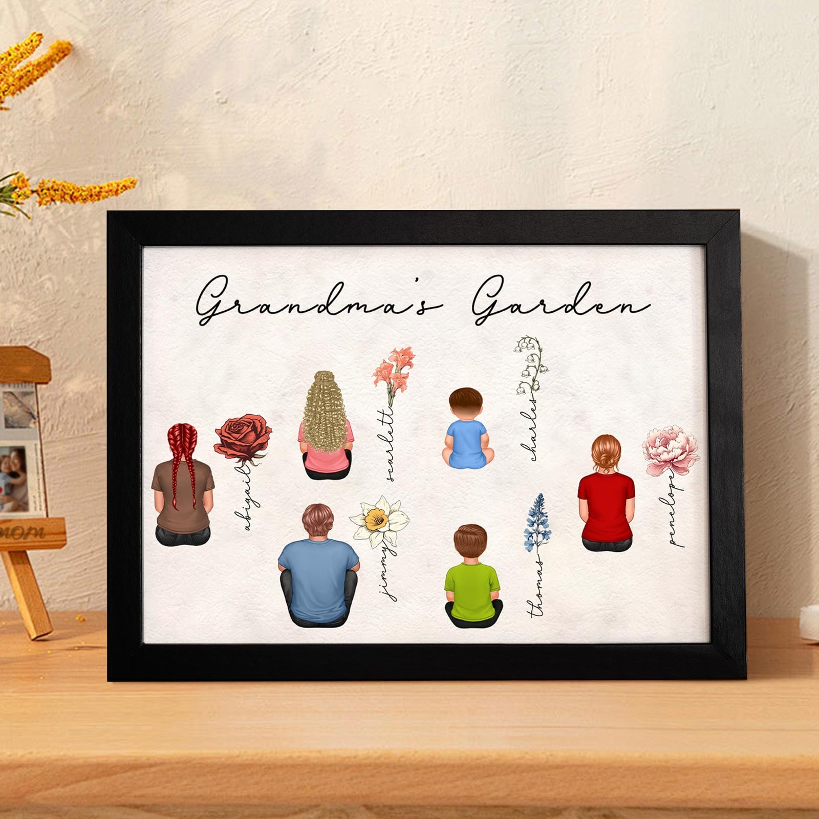 Custom Birth Month Flowers Garden With Grandkids Names Personalized Wooden Photo Frame Mother's Day Gift - Giftlab
