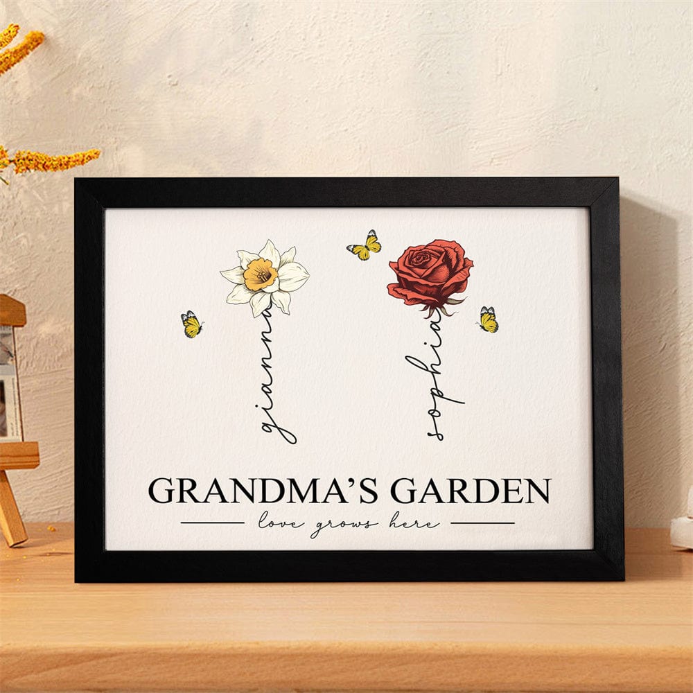 Custom Birth Month Flowers Garden With Grandkids Names Love Grows Here Personalized Wooden Photo Frame Mother's Day Gift - Giftlab