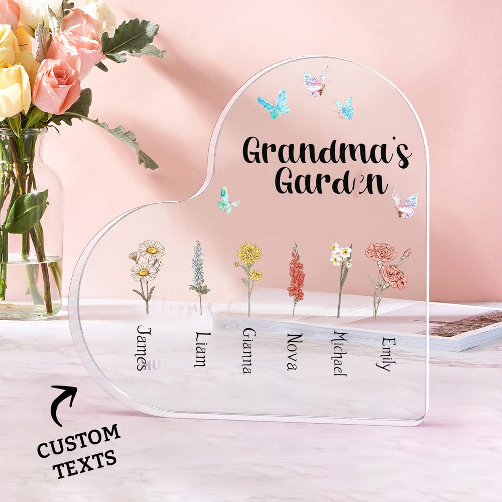 Custom Heart Shaped Acrylic Signs 1-6 Personalized Names Grandma's Garden Mother's Day Gift - Giftlab