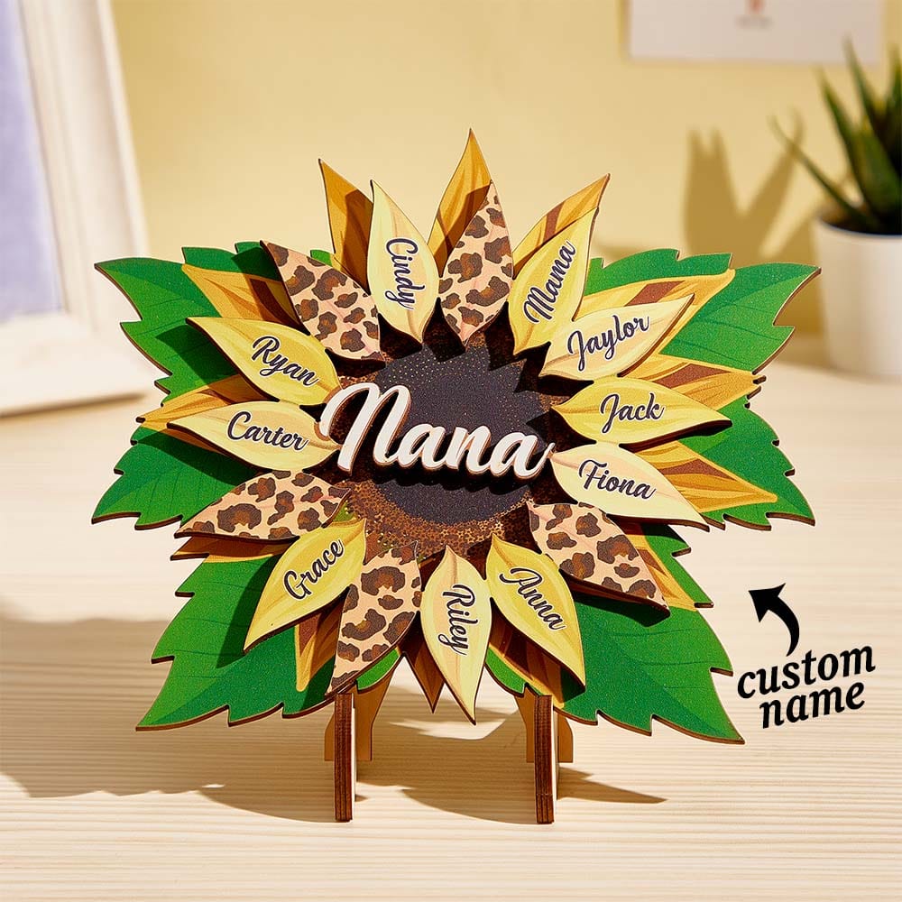 Nana, Mom, Auntie Sunflower - Birthday, Loving Gift for Mom, Grandma Family Home Decor Personalized 2 Layered Wooden Plaque With Stand - Giftlab