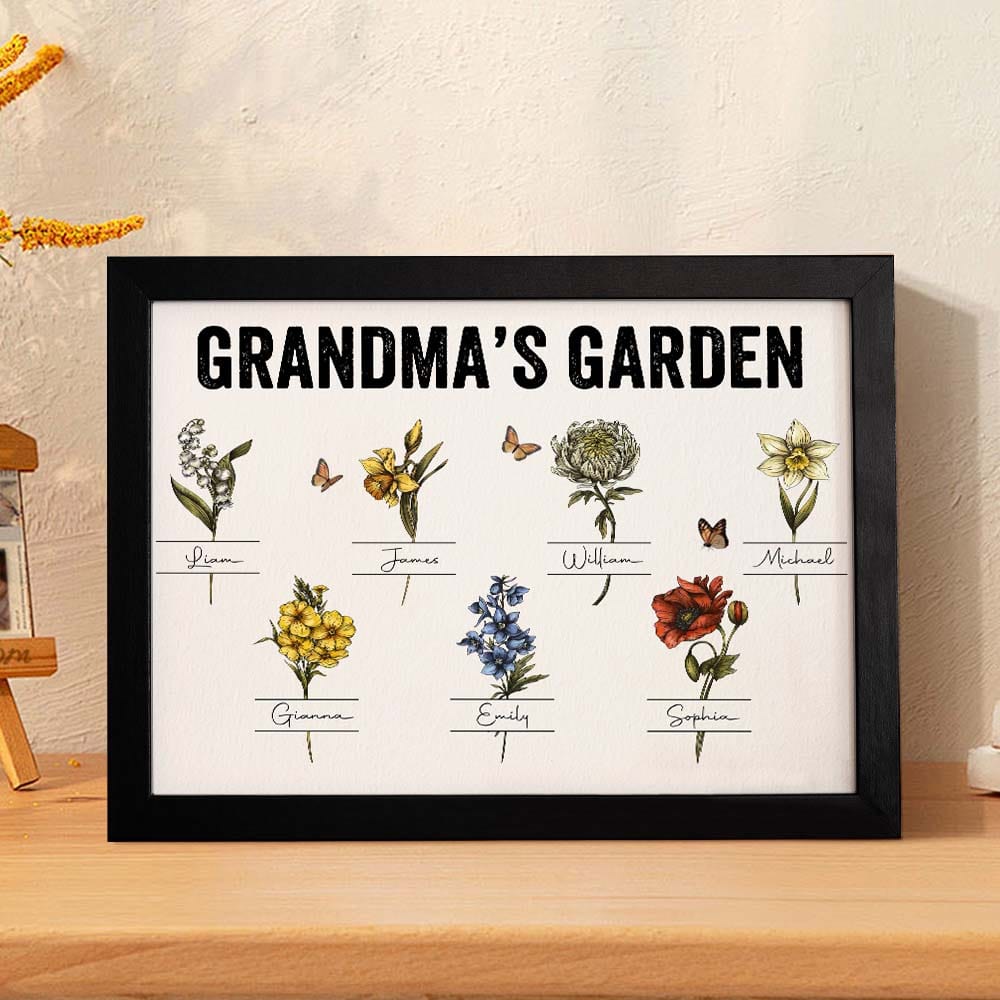 Custom Birth Month Flowers Garden With Grandkids Names Personalized Wooden Photo Frame Grandma's Garden Mother's Day Gifts - Giftlab