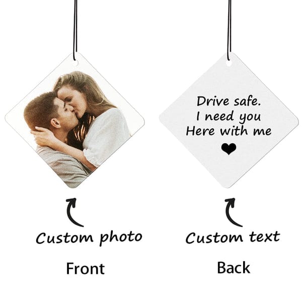 Custom Car Air Freshener with Photo and Text Rearview Mirror Ornament Drive Safe 10 Scents - Giftlab