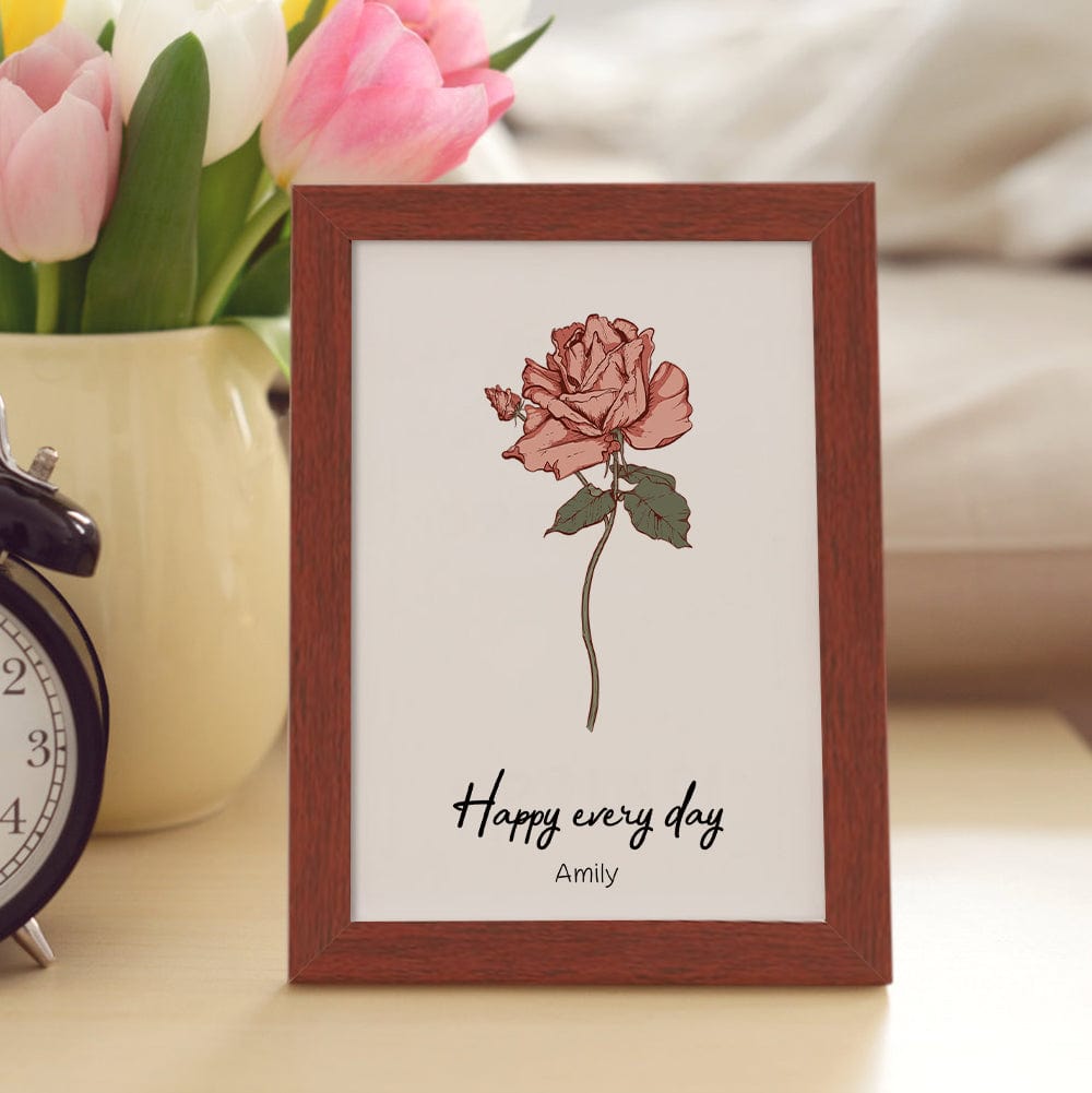 Personalized Birth flower Bouquet Red Wood Names Frame Gift for Mom - Giftlab