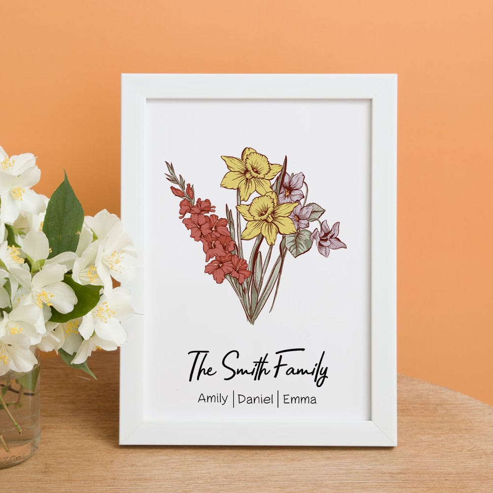 Personalized Birth flower Bouquet White Names Frame Gift for Mom - Giftlab