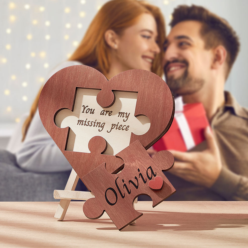 Custom Love Puzzle Piece Sign Personalized Wooden Heart Shaped Plaque Romantic Gifts for Her - Giftlab
