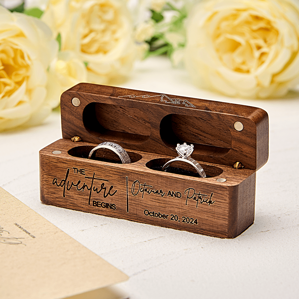 Personalized Rustic Engraved Wood 2 Rings Bearer Box with Date & Name Wedding Proposal Gift for Couple - Giftlab