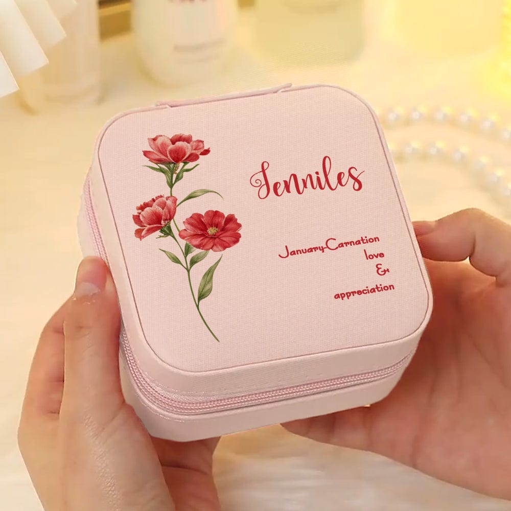 Personalized Birth Flower Leather Jewelry Box Bridesmaid Gift for Her - Giftlab